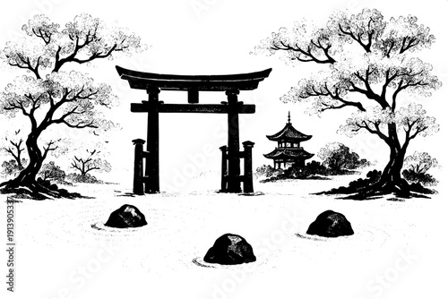 Japanese Zen Garden and Temple - Peaceful Spiritual Scenery Vector