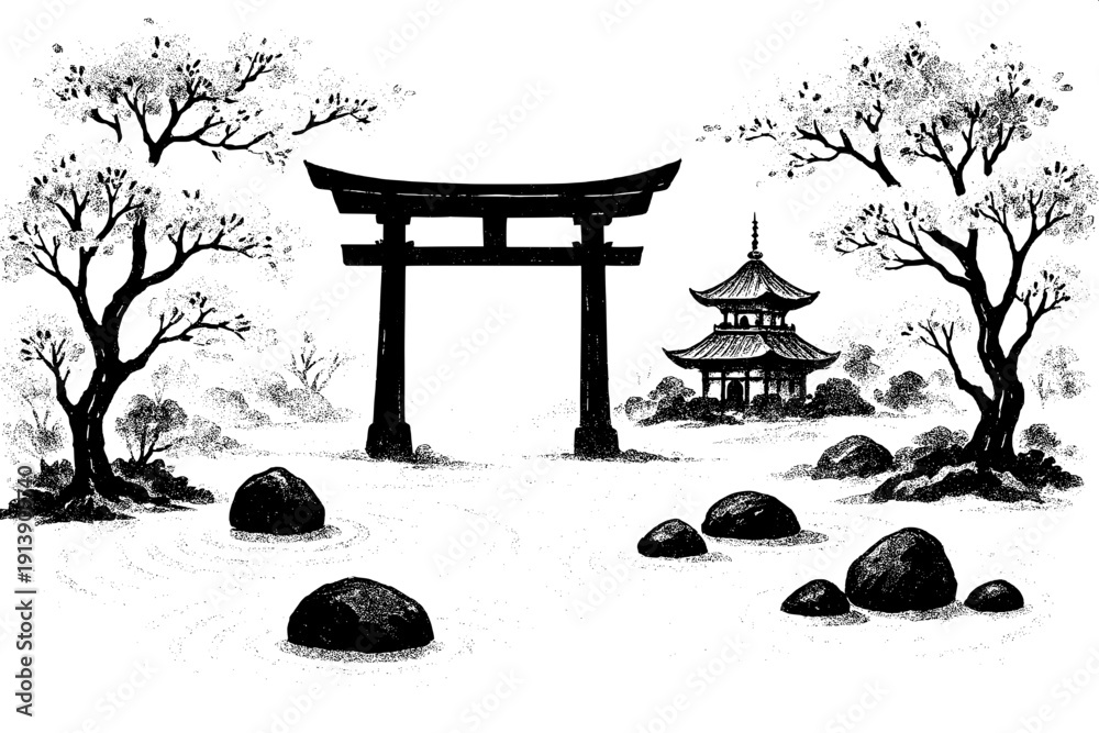 Obraz premium Japanese Zen Garden and Temple - Peaceful Spiritual Scenery Vector