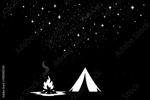 Night Forest Camping Scenery - Silhouette Starry Sky Landscape
