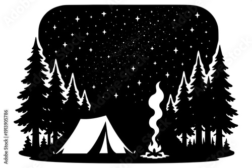 Night Forest Camping Scenery - Silhouette Starry Sky Landscape
