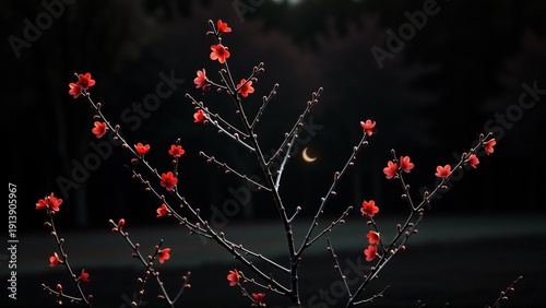 photograph tree branch small red flowers branch center silhouetted against dark background flowers full bloom clustered together branches moon partially visible background partially obscured