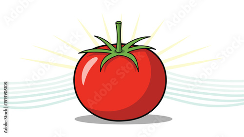 Vibrant cartoon illustration of a fresh red tomato with a green stem, enhanced by radiating sun rays and subtle waves in the background.