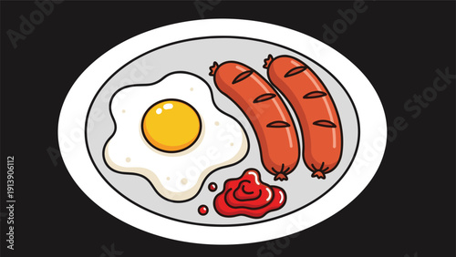 Cartoon illustration of a breakfast plate featuring a sunny-side-up fried egg, two grilled sausages, and a dollop of ketchup on a black background.