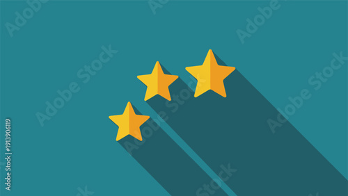 Three golden stars in flat design style with long shadows on a teal background, symbolizing rating, review, quality, or achievement.