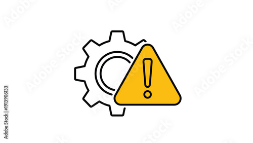 Outline icon of a gear accompanied by a yellow warning triangle with an exclamation mark, symbolizing system errors, maintenance, or technical issues.