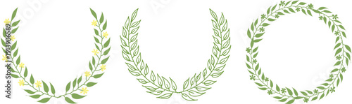 ナチュラルなグリーンの葉で形作られた手描き風ボタニカルリースセット、装飾フレームやロゴ制作に使える優しい植物モチーフのベクターイラスト素材
