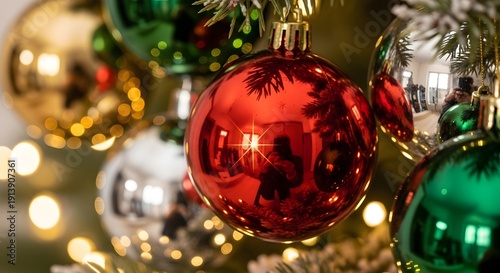 Vibrant christmas ornaments on a tree branch with blurred lights