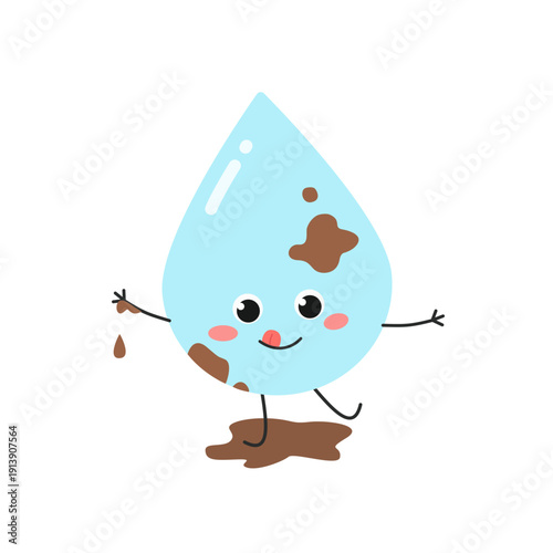 Funny playful dirty cartoon water droplet in mud