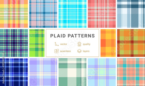 Plaid pattern pack created for labels and tags. Coordinated tartan designs add playful style to gifts and decor. Vector precision ensures clarity.