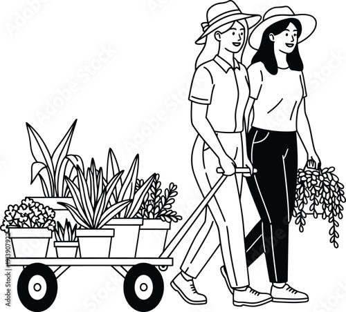 Two women wearing hats, one pulling a garden cart with plants, the other carrying a bunch of hanging plants, line art