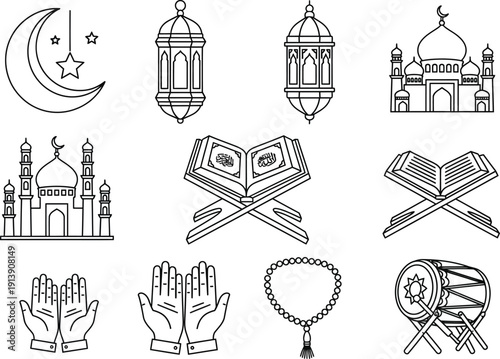 Set of Islamic line art icons: crescent moon and stars, lanterns, mosques, holy book (Quran) on stand, praying hands, prayer beads, drum