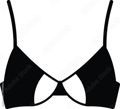 Black bra silhouette with thin straps, female intimate apparel icon, bikini top lingerie vector isolated on white background, fashion accessory. (21 words)