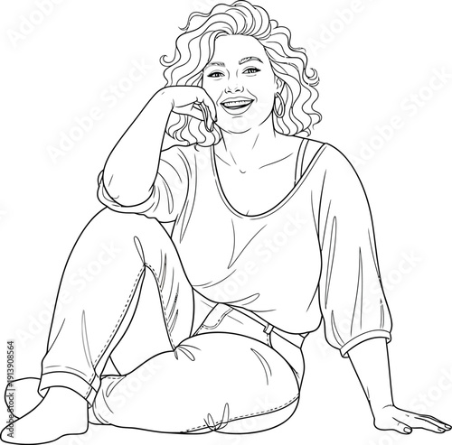Joyful woman with voluminous curly hair, sitting casually with a smile, illustrated in a clean, black and white line art comic style.