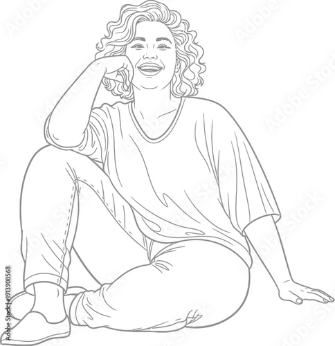 Smiling plus-size woman with curly hair sitting on the floor, relaxed and happy, drawn in a bold, black and white comic style.