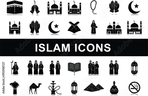 Collection of black silhouette Islamic icons: Kaaba, mosques, prayer hands, Quran, crescent moon, camel, and more.
