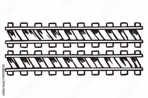 A black and white illustration of a metal grate or grid with a repeating pattern of bars and squares