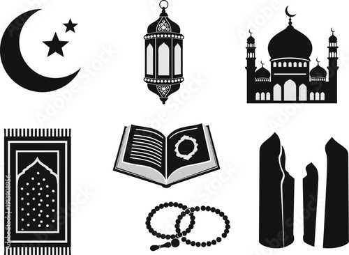 Islamic essentials in silhouette: crescent moon, lantern, mosque, prayer rug, Quran, prayer beads, and pillars.