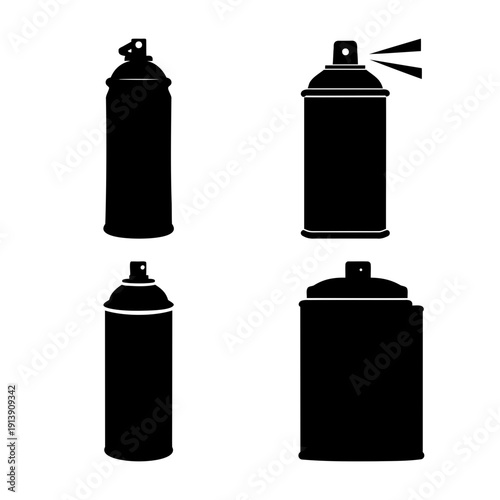 Set of various spray paint cans in a simple black silhouette vector illustration for design