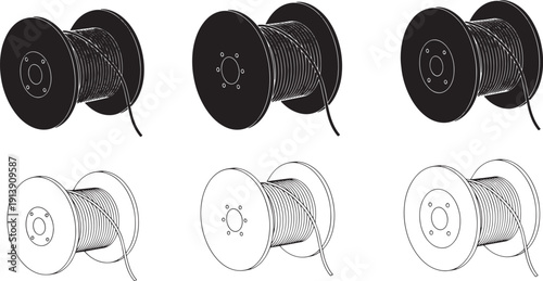 Collection of icons representing spools of wire, showcasing different design styles and detail levels