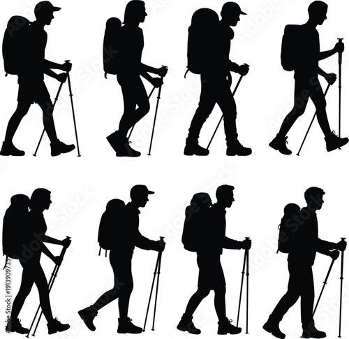 Black silhouette illustration of eight hikers walking with backpacks and trekking poles, outdoor activity vector artwork, adventure design, nature sports concept