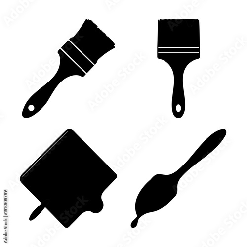 Various painting and art application tools illustrated as black silhouettes with fluid drips