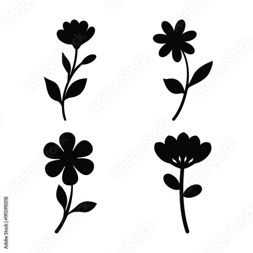 Collection of simple black flower silhouettes with stems and leaves on a white background