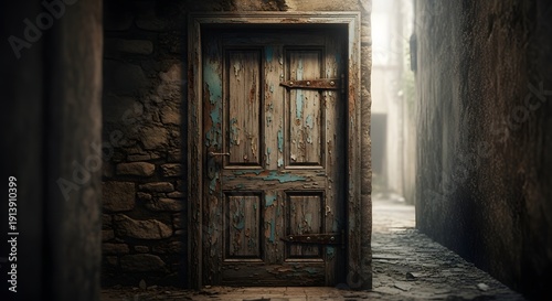 An old wooden door in a narrow alleyway with stone walls