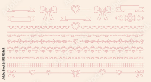 Cute Pink Decorative Borders Set – Ribbon, Heart and Lace Line Vector Elements