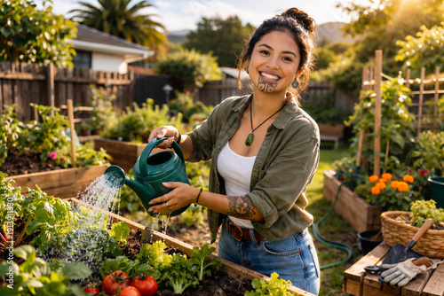 A young Maori woman with a traditional facial tattoo watering a vegetable garden