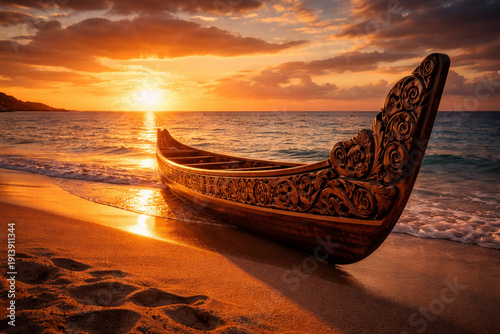 A traditional Maori wooden canoe with carvings on the ocean shore in the rays of the setting sun