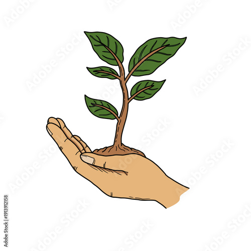 Hand holding a small green plant sapling growth concept vector illustration. Ecology concept. Care and environmental development. Element for eco design