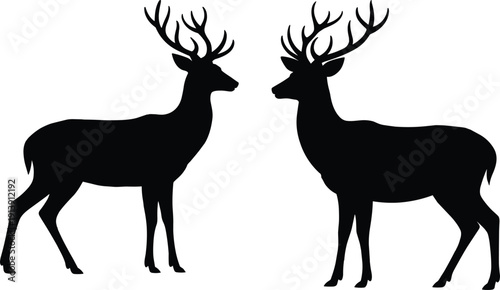 Black silhouette illustration of two male deer facing each other, antlers prominent, wildlife vector artwork, animal confrontation, symmetrical design concept