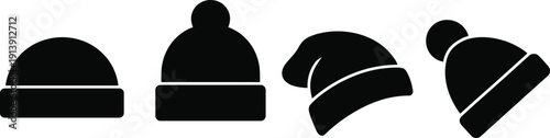 Black winter hat silhouettes set, beanie and knit cap icons for cold weather apparel design, headwear mockups isolated on white background. (22 words)