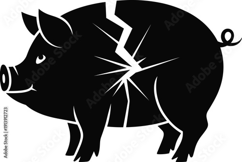 Broken piggy bank silhouette with cracks, financial distress concept, loss of savings, money crisis, budgeting problem, economic hardship, finance illustration design