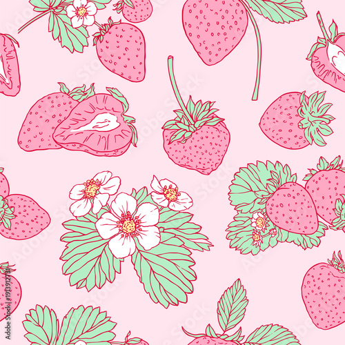 Seamless Strawberry Pattern with Flowers — Berry Vector Background