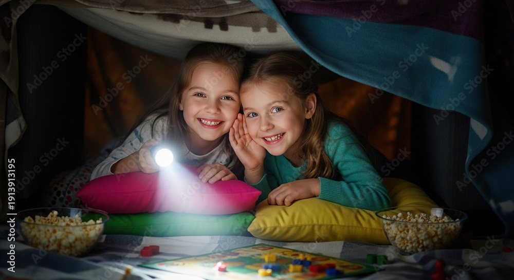 custom made wallpaper toronto digitalTwo young girls enjoying a cozy movie night in their fort