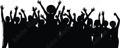 Cheerful crowd silhouette with hands raised, happy people cheering at concert or protest, diverse group isolated on white background, vector. (21 words)