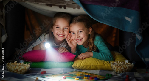Wallpaper Mural Two young girls enjoying a cozy movie night in their fort Torontodigital.ca