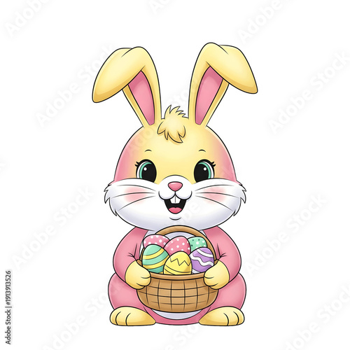 Cute cartoon Easter bunny with soft pink fur and yellow ears, holding a woven basket filled with colorful patterned eggs, smiling sweetly. isolated PNG with Transparent Background