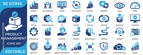 Product management solid icon set featuring design, development, KPI, roadmap, lifecycle, feedback, optimization, and release. Flat vector icons for product and business projects.