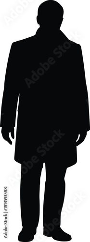 Full Body Silhouette of a Professional Man Wearing an Elegant Winter Overcoat and Formal Trousers Isolated on a White Background