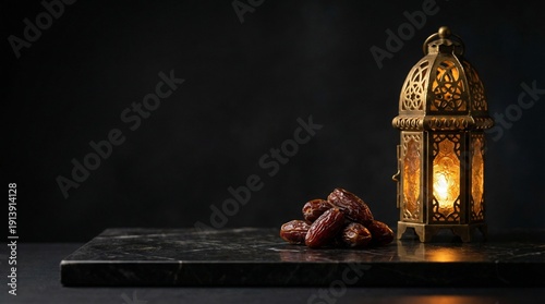Luxury Minimal Ramadan Lantern with Dates on Dark Background