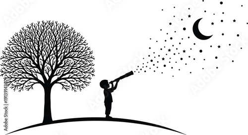 Child looking through telescope silhouette, night sky stars and moon, tree landscape vector illustration isolated on white background