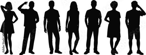 Diverse group of casual people silhouettes, men and women standing in relaxed poses, youthful street fashion set isolated on white, vector. (21 words)