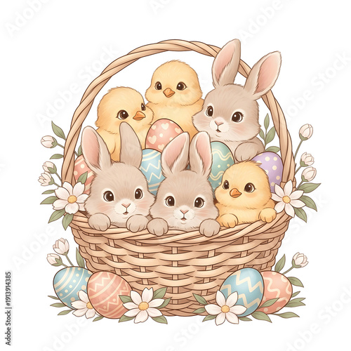 Watercolor illustration of three fluffy brown Easter bunnies and three yellow chicks peeking from a woven basket filled with pastel patterned eggs and delicate white flowers. isolated PNG with