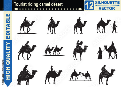 Silhouette set of 12 tourists riding camels in the desert dunes, representing adventure travel, exotic vacations, safari journeys, and exploration.