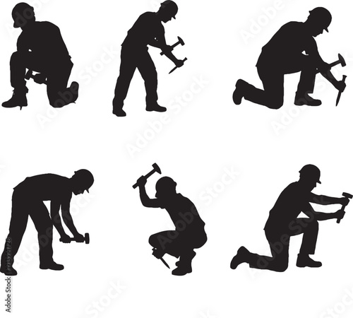 Construction Worker Silhouette Set – Carpenter Hammering Vector Icons Isolated on White