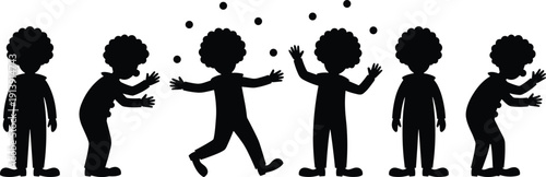 Clown silhouette set juggling balls, playful circus character poses, cartoon entertainer collection, black isolated figures on white background
