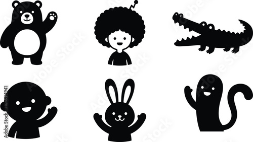 Cute cartoon animal silhouettes set, bear crocodile bunny monkey squirrel and child character black vector icons isolated
