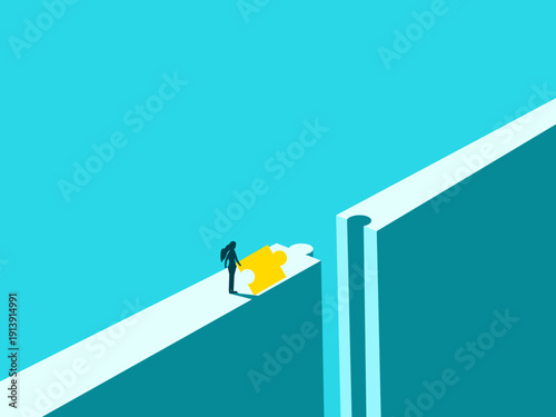 businesswoman built the bridge of the jigsaw puzzle to overcome the obstacles.